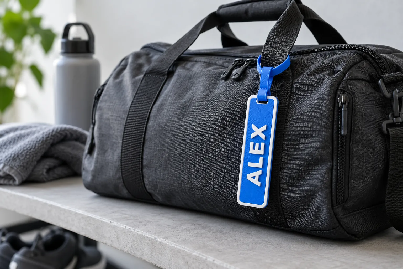 A slim blue bag tag with a white raised name and border, hanging from a sports bag