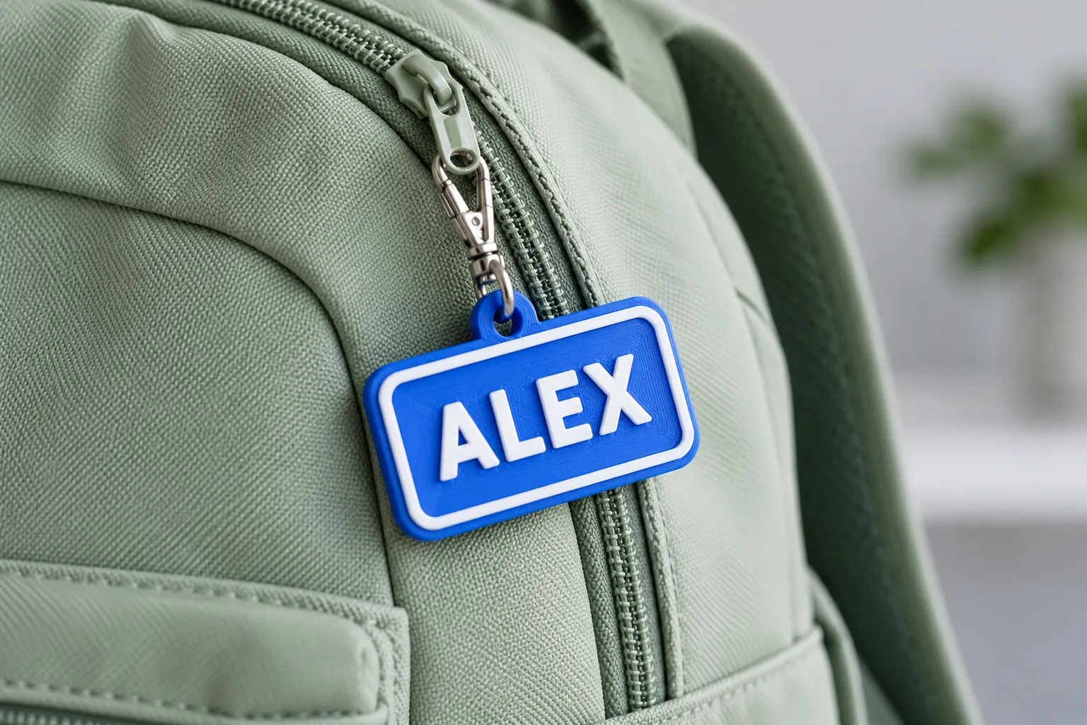 A bold blue name tag clipped to a backpack zip