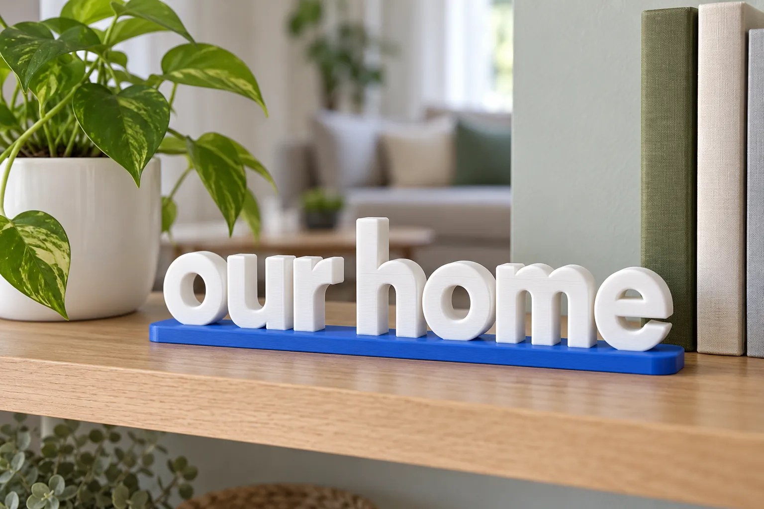 Free-standing white 3D words on a blue base plate on a shelf