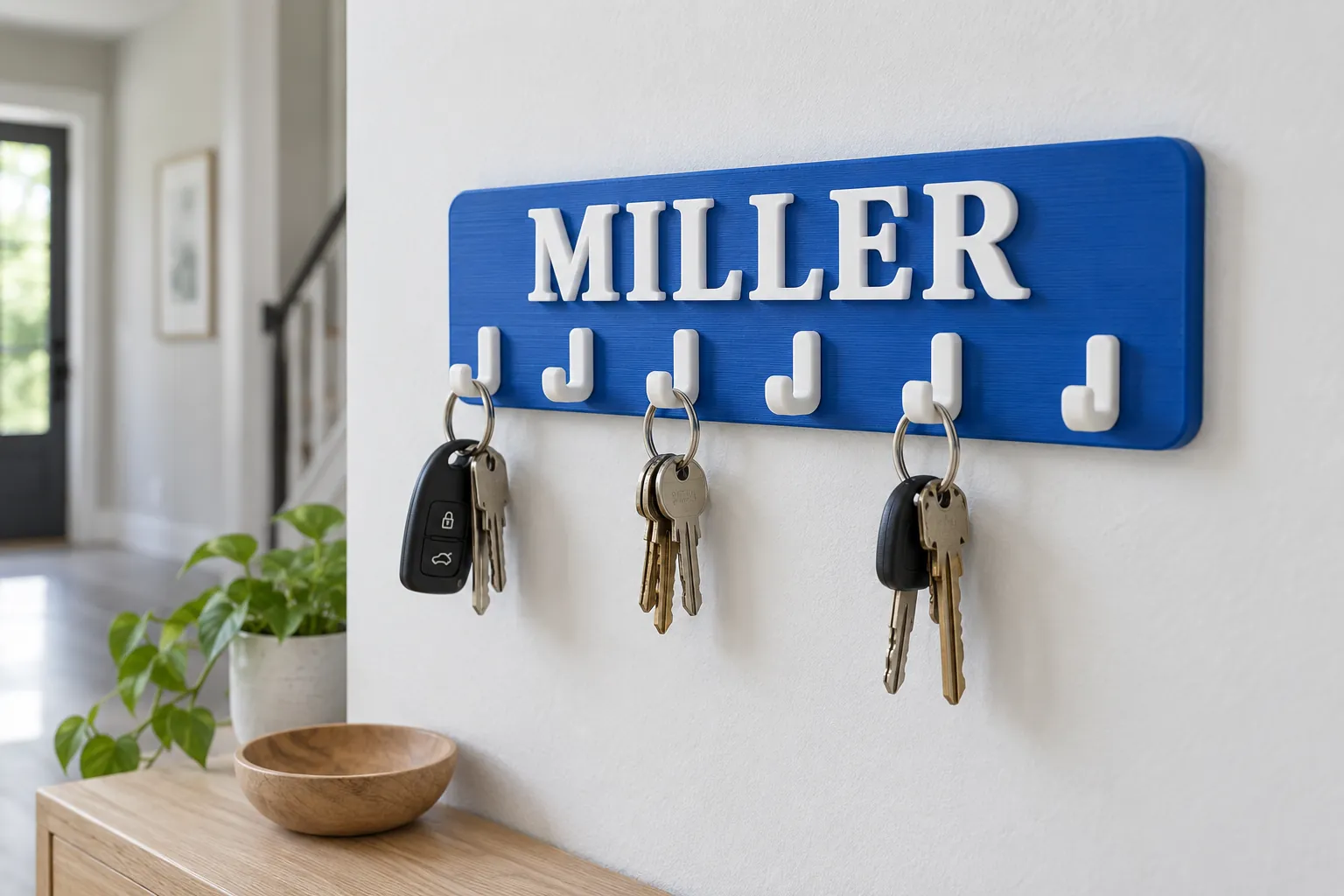 A blue wall key holder with a white raised family name and a row of hooks holding keys