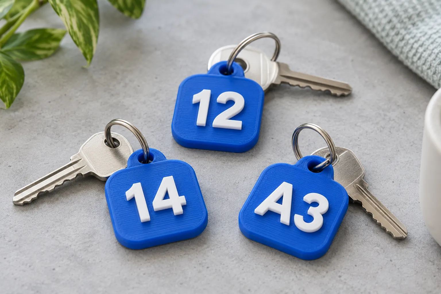 Blue square key tags with large white raised room numbers on a set of keys