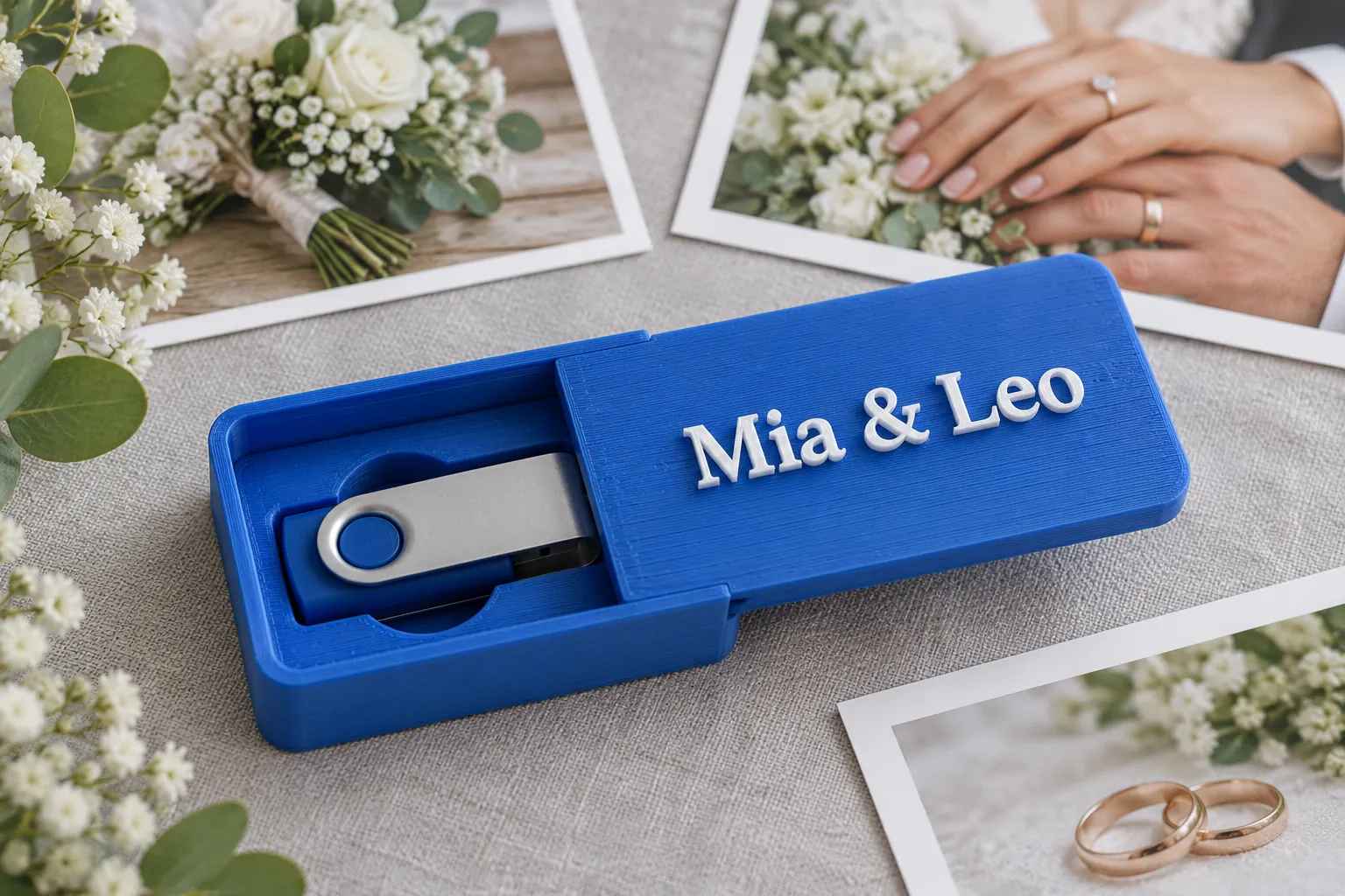 A blue sliding-lid pen drive case with the couple's names in white raised script on the lid