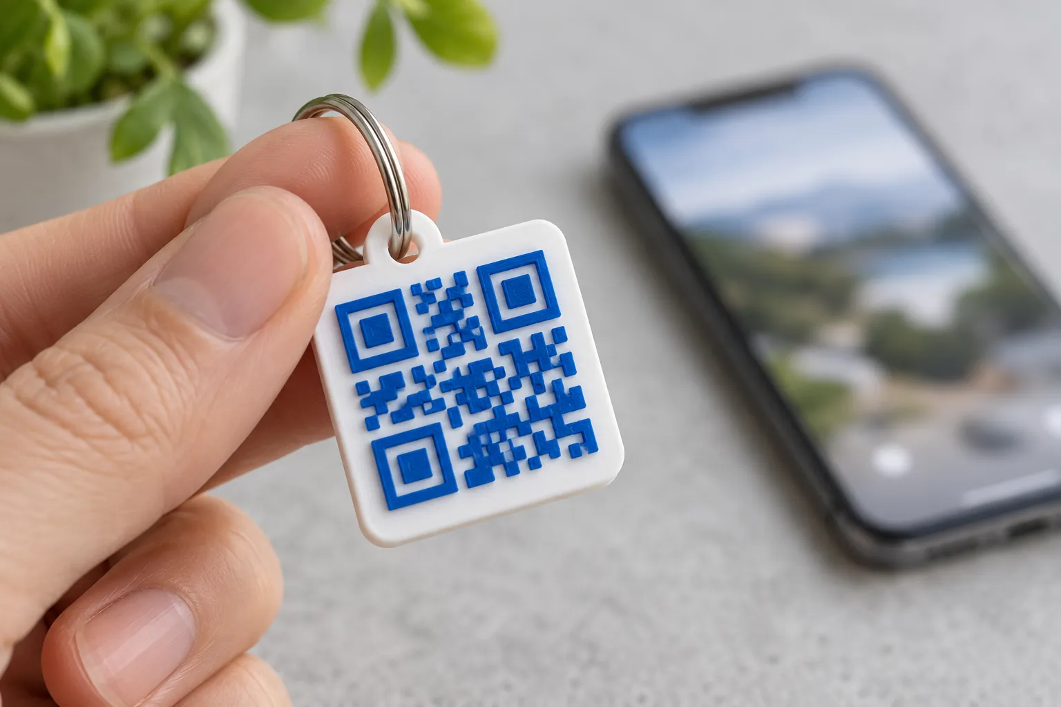 A QR code keychain held in front of a phone
