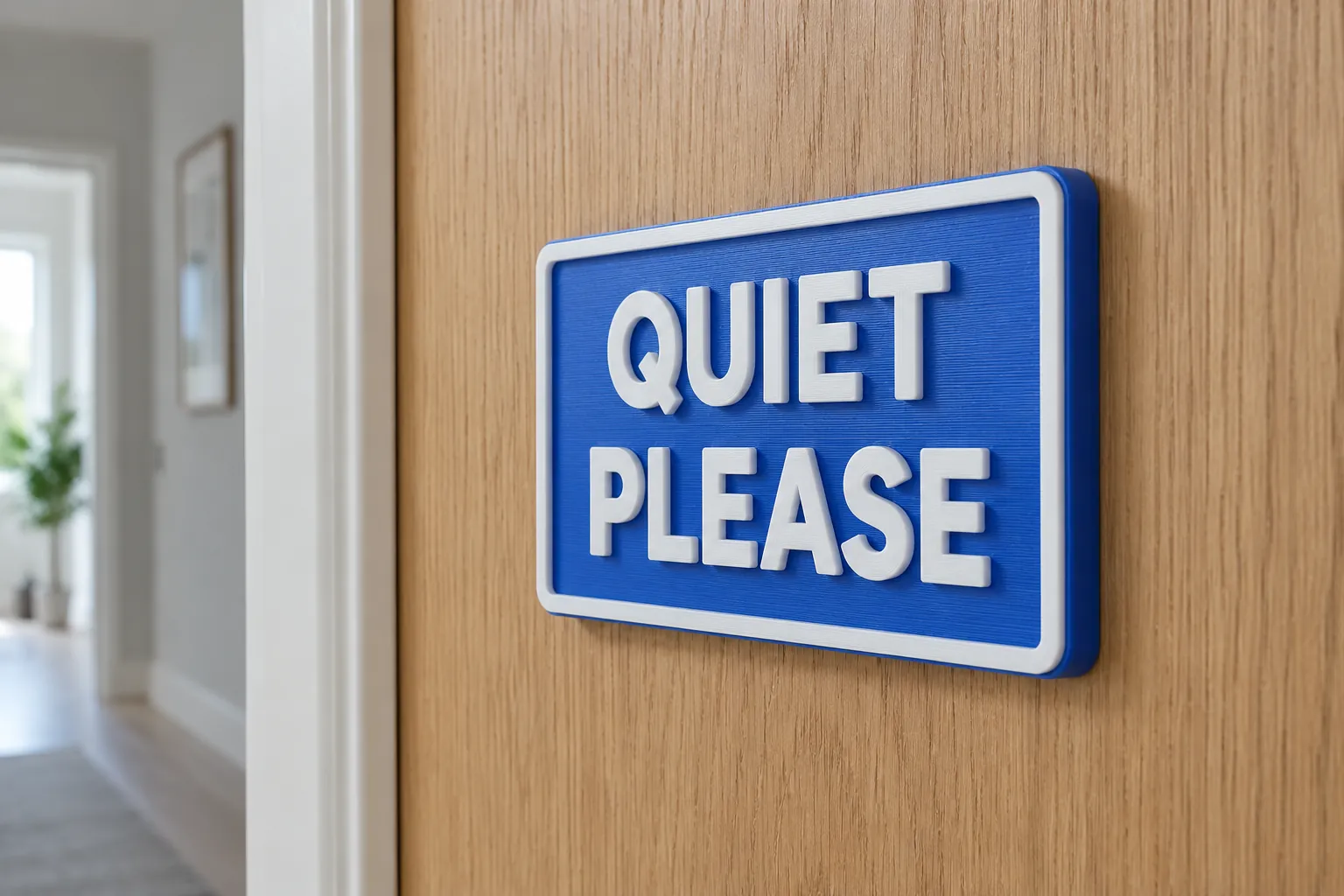 A blue rectangular sign plate with white raised text and border on a wooden door